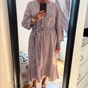 Jcrew striped tie- waist dress, with flounce hem, red/white/blue, size 16, nwt